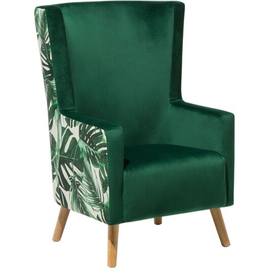 Beliani - Upholstered Wingback Chair Fabric High Back Leaf Pattern Green Oneida