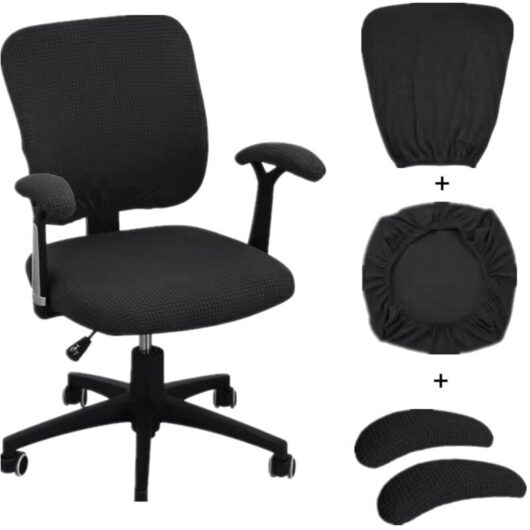 CCYKXA Set of 4 universal and stretchable office chair covers for computer, including a seat, armrests and swivel backrest (black).