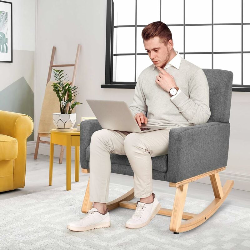 COSTWAY Relax Rocking Chair, Fabric Upholstered Single Sofa Armchair with Solid Wood Legs, Modern Padded Leisure Rocker Chairs for Home Living Room