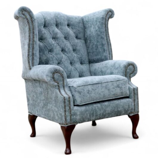 Chesterfield Queen Anne High Back Wing Chair Nuovo Lagoon Blue Fabric