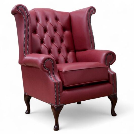Chesterfield Queen Anne High Back Wing Chair Vele Wine Leather