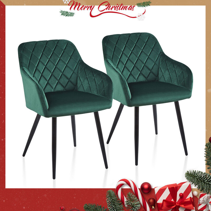 Clipop - Dining Chairs,2x Velvet Upholstered Seat Kitchen Chairs with Armrests, Green