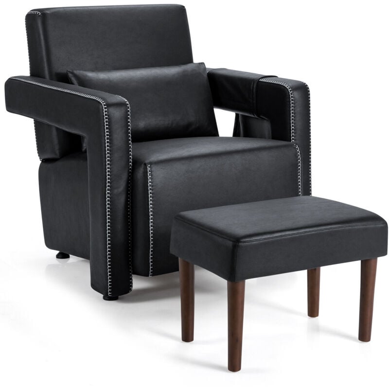 Costway - Modern Accent Sofa Chair with Ottoman Upholstered leisure Armchair-Black