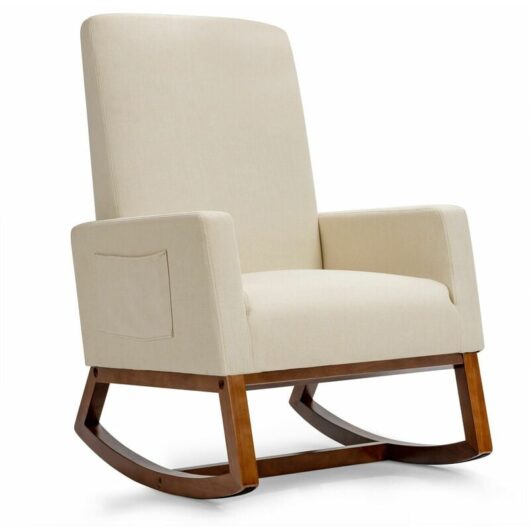Costway - Modern Rocking Chair Upholstered Fabric Leisure Armchair with Rubber Wood Base