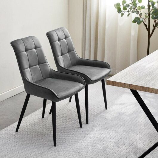 Dining Chair 2x Velvet Upholstered Chair Kitchen Chair Lounge Leisure with Backrest Metal Legs Grey