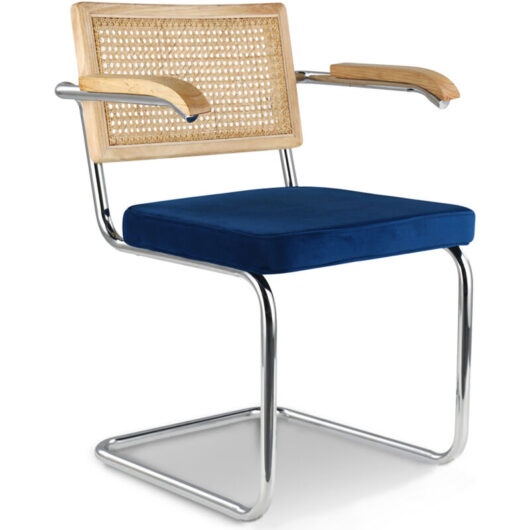 Dining Chair with Armrests - Velvet Upholstery - Wood & Rattan - Martha Dark blue