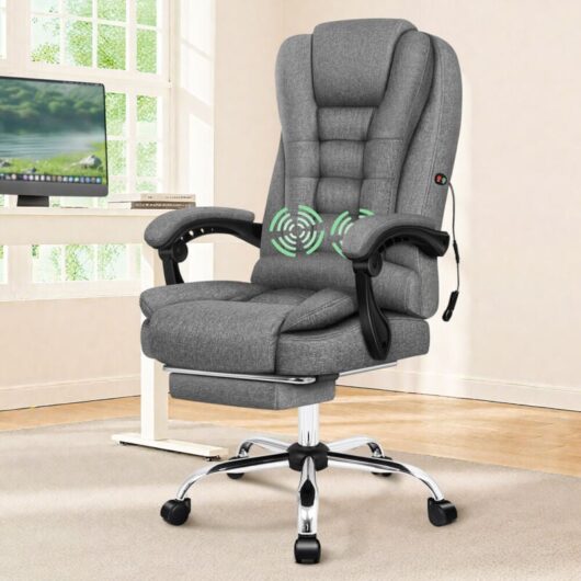 ELFORDSON 2-Point Massage Office Chair, Gaming Chair with Footrest, Lumbar Support and Padded Armrest, High Back 150° Reclining, Fabric, Grey