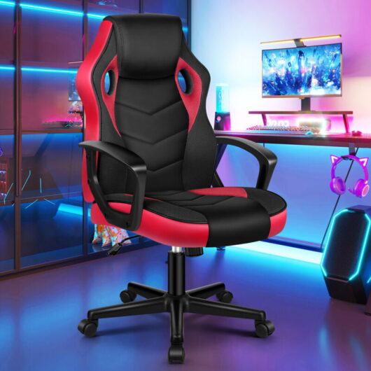 ELFORDSON Computer Racing Gaming Ergonomic Office Chair, Adjustable Height & Tilt, 360° Swivel, Breathable Mesh & PU Leather,Esports, Black and Red