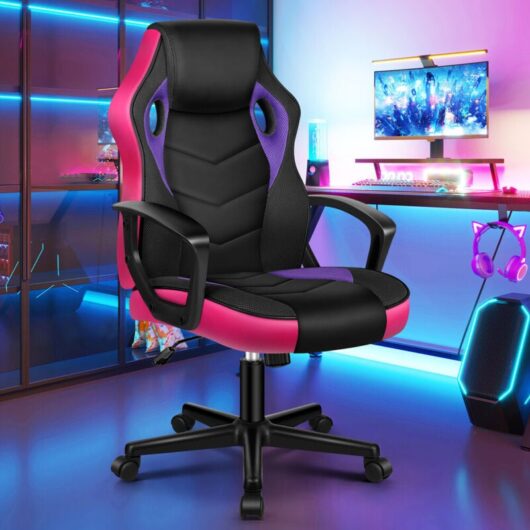 ELFORDSON Computer Racing Gaming Ergonomic Office Chair, Adjustable Height & Tilt, 360° Swivel, Breathable Mesh & PU Leather,Esports, Black and Purple