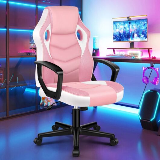 ELFORDSON Computer Racing Gaming Ergonomic Office Chair, Adjustable Height & Tilt, 360° Swivel, Breathable Mesh & PU Leather,Esports, Pink and White