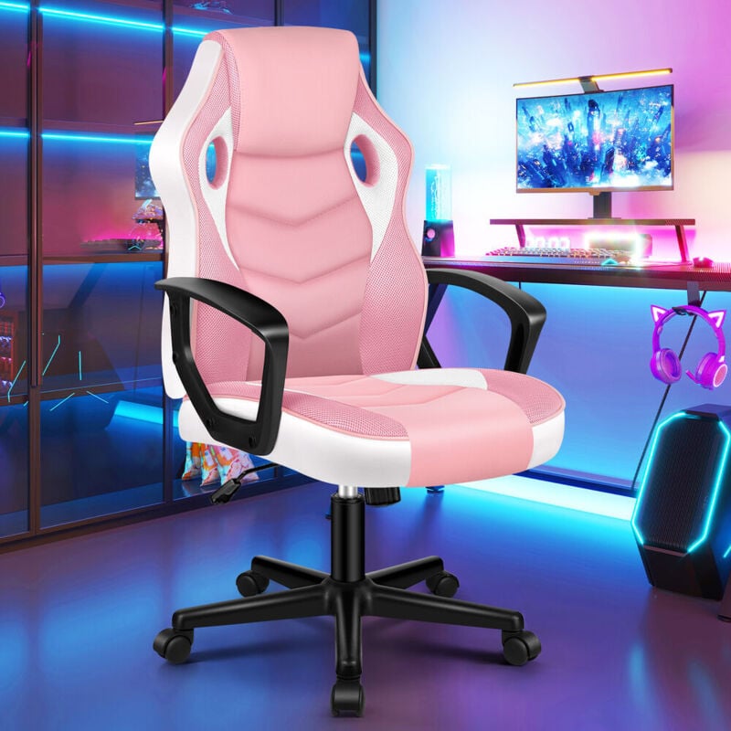 ELFORDSON Computer Racing Gaming Ergonomic Office Chair, Adjustable Height & Tilt, 360° Swivel, Breathable Mesh & PU Leather,Esports, Pink and White