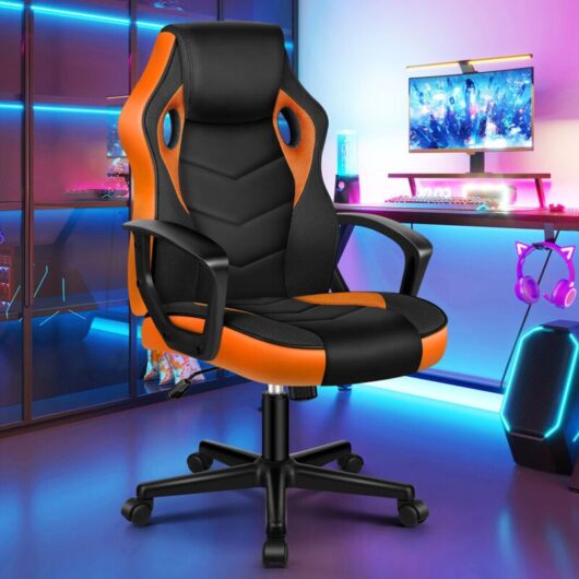 ELFORDSON Computer Racing Gaming Ergonomic Office Chair, Adjustable Height & Tilt, 360° Swivel, Breathable Mesh & PU Leather,Esports,Black and Orange