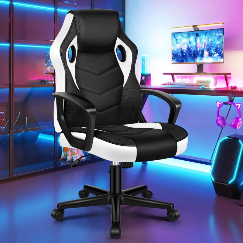 ELFORDSON Computer Racing Gaming Ergonomic Office Chair, Adjustable Height & Tilt, 360° Swivel, Breathable Mesh,PU Leather,Esports, Black and White