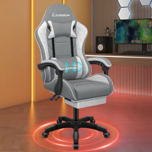 ELFORDSON Gaming Chair with 2-Point Massage Lumbar Cushion Fabric, Light Grey, 150° Reclining, 360° Swivel
