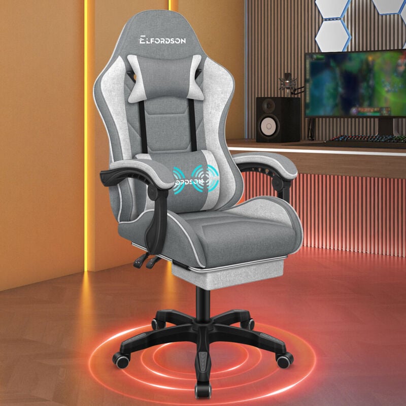 ELFORDSON Gaming Chair with 2-Point Massage Lumbar Cushion Fabric, Light Grey, 150° Reclining, 360° Swivel