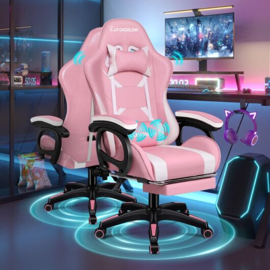 ELFORDSON Gaming Office Chair Lumbar Massage with Footrest, Pink & White