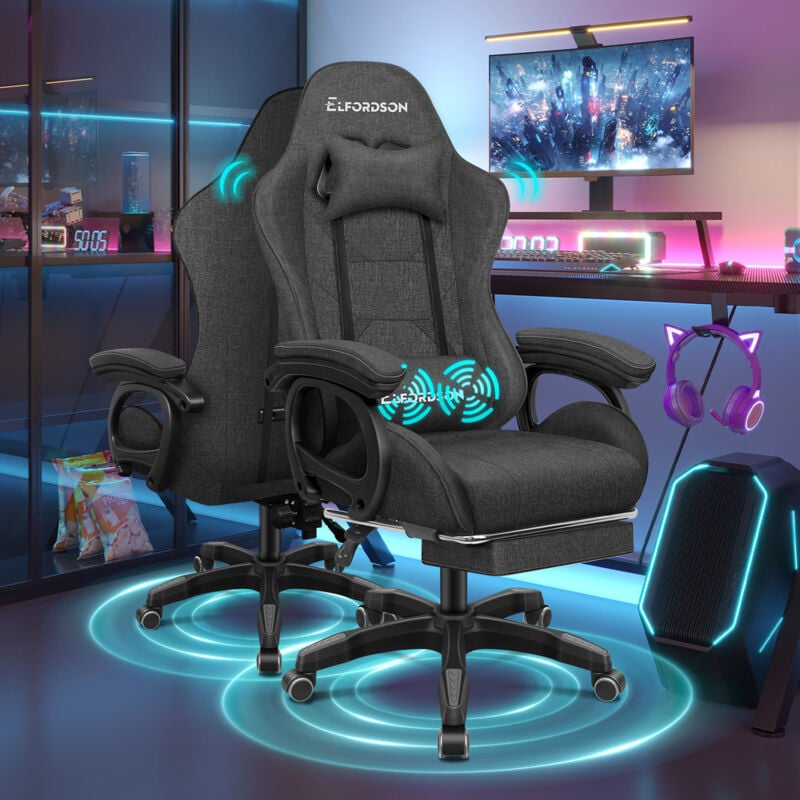 ELFORDSON Gaming Office Chair with 2-Point Massage Lumbar Support, Fabric Linen, Dark Grey