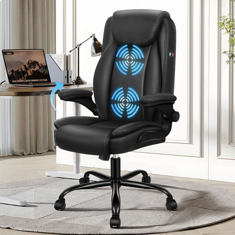 ELFORDSON Massage Office Chair, Executive Comfy Chairs with 90° Flip-up Armrests, Adjustable Height, Swivel, Ergonomic, Heavy-duty, PU Leather, Black