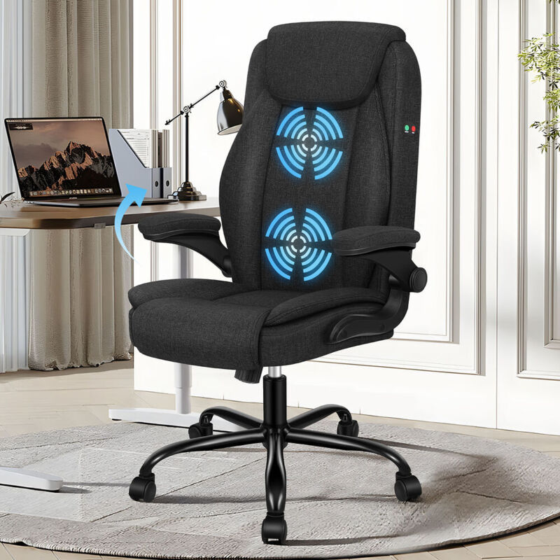 ELFORDSON Massage Office Chair, Executive Comfy Chairs with 90бу Flip-up Armrests, Adjustable Height, Swivel, Ergonomic, Heavy-duty, Fabric, Black