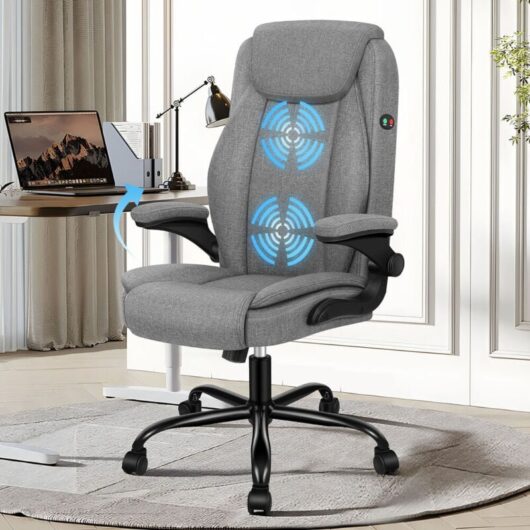 ELFORDSON Massage Office Chair, Executive Comfy Chairs with 90бу Flip-up Armrests, Adjustable Height, Swivel, Ergonomic, Heavy-duty, Fabric,White