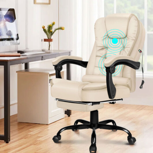 ELFORDSON Massage Office Chair with Footrest Executive Gaming Seat Leather Cream