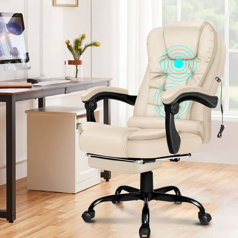 ELFORDSON Massage Office Chair with Footrest Executive Gaming Seat Leather Cream