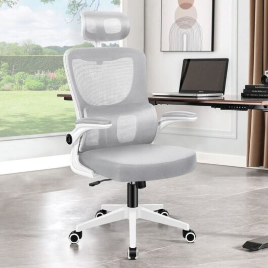 Elfordson - Ergonomic Office Chair, High Back, Headrest/Dynamic Lumbar Support/Padded Flip-up Armrest, Breathable Mesh Swivel,120° Rocking, Grey