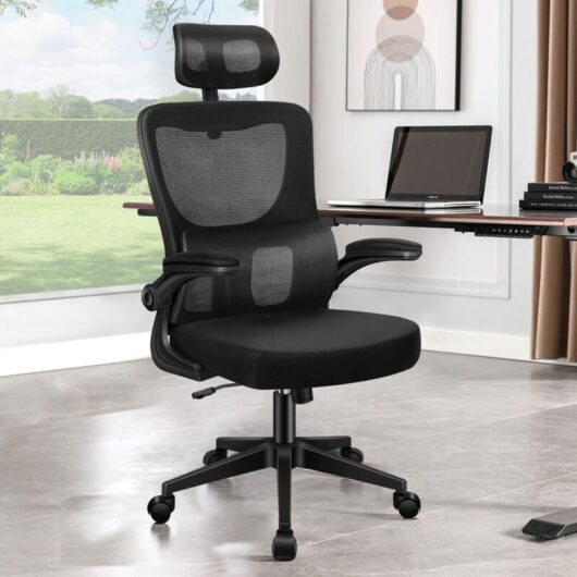 Elfordson - Ergonomic Office Chair, High Back, Headrest/Dynamic Lumbar Support/Padded Flip-up Armrest, Breathable Mesh Swivel,120° Rocking,Black