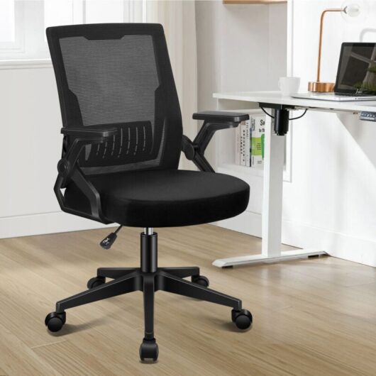 Elfordson - Ergonomic Office Chair, Mid-back, Height Adjustable, Swivel, Mesh,Flip-up Armrests and Lumbar Support, Black