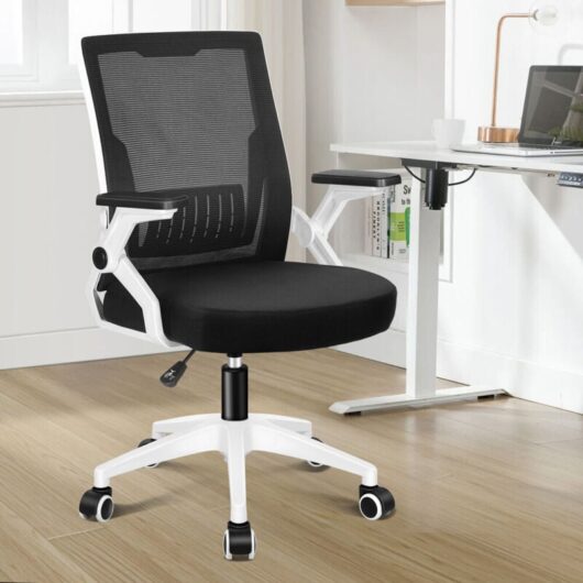 Elfordson - Ergonomic Office Chair, Mid-back, Height Adjustable, Swivel, Mesh,Flip-up Armrests and Lumbar Support, Black & White