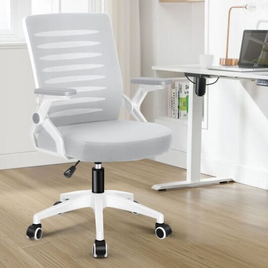 Elfordson - Ergonomic Office Chair, Mid-back Swivel, Height Adjustable, Mesh,90° Flip-up Armrest and Padded Seat Cushion, Grey