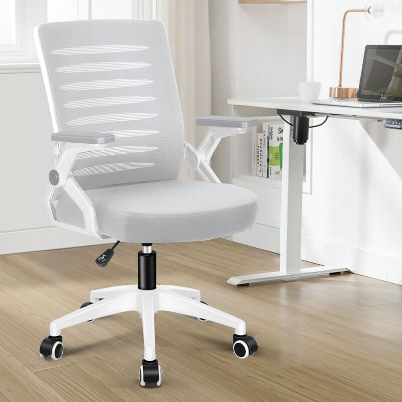 Elfordson - Ergonomic Office Chair, Mid-back Swivel, Height Adjustable, Mesh,90° Flip-up Armrest and Padded Seat Cushion, Grey