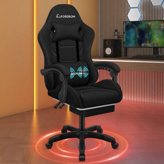 Elfordson - Gaming Chair with 2-Point Massage Lumbar Cushion Fabric, Black, 150° Reclining, 360° Swivel