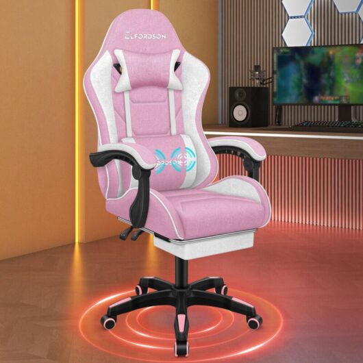 Elfordson - Gaming Chair with 2-Point Massage Lumbar Cushion Fabric, Pink, 150° Reclining, 360° Swivel