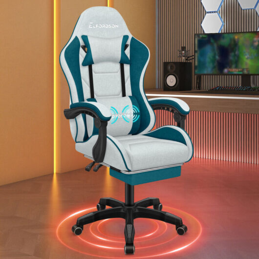 Elfordson - Gaming Chair with 2-Point Massage Lumbar Cushion Fabric,Dark green, 150° Reclining, 360° Swivel