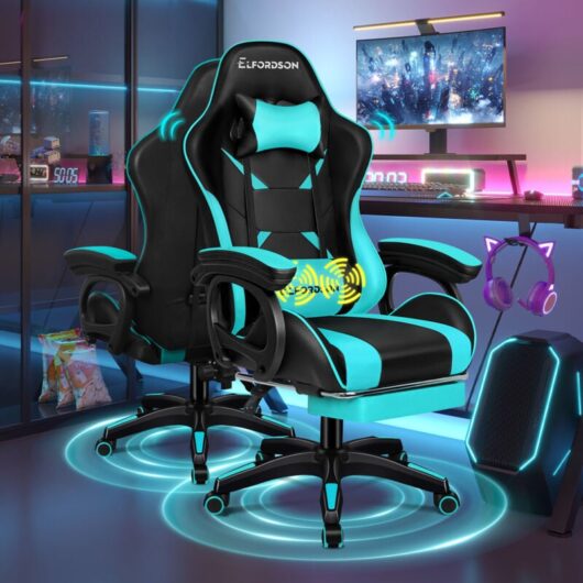 Elfordson - Gaming Office Chair Lumbar Massage with Footrest, Cyan & Black