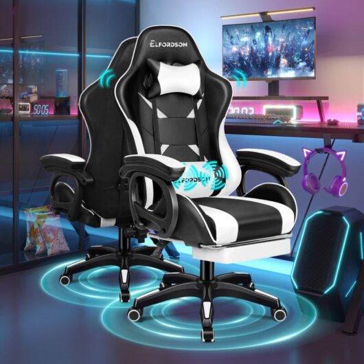Elfordson - Gaming Office Chair with 2-Point Massage Lumbar Support, White and Black