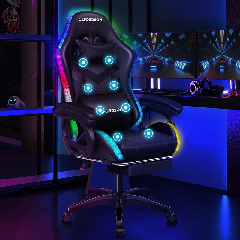 Elfordson - Gaming Office Chair with rgb led Light 8-Point Massage, Black