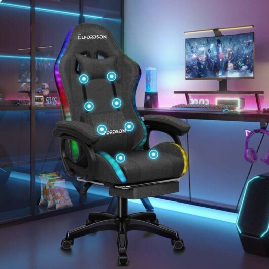 Elfordson - Gaming Office Chair with rgb led Light 8-Point Massage, Fabric Linen, Dark Grey