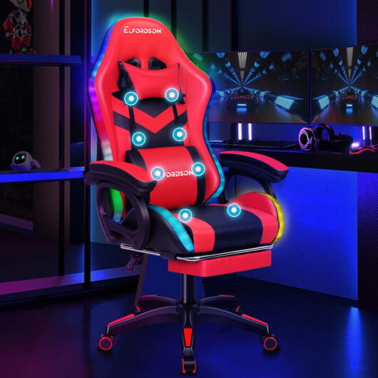 Elfordson - Gaming Office Chair with rgb led Light 8-Point Massage, Red & Black