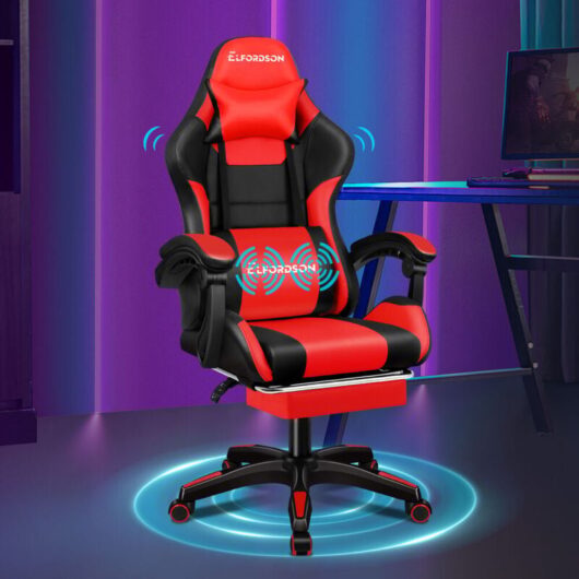 Elfordson - Massage Gaming Office Chair with 2-Point Massage Lumbar, Red & Black