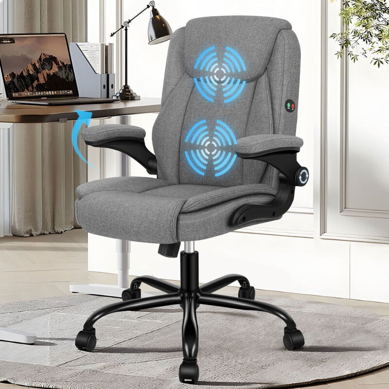 Elfordson - Massage Office Chair for Home, Executive Comfy Office Chairs with 90° Flip-up Armrests, Adjustable Height, Swivel, Fabric Linen, Grey