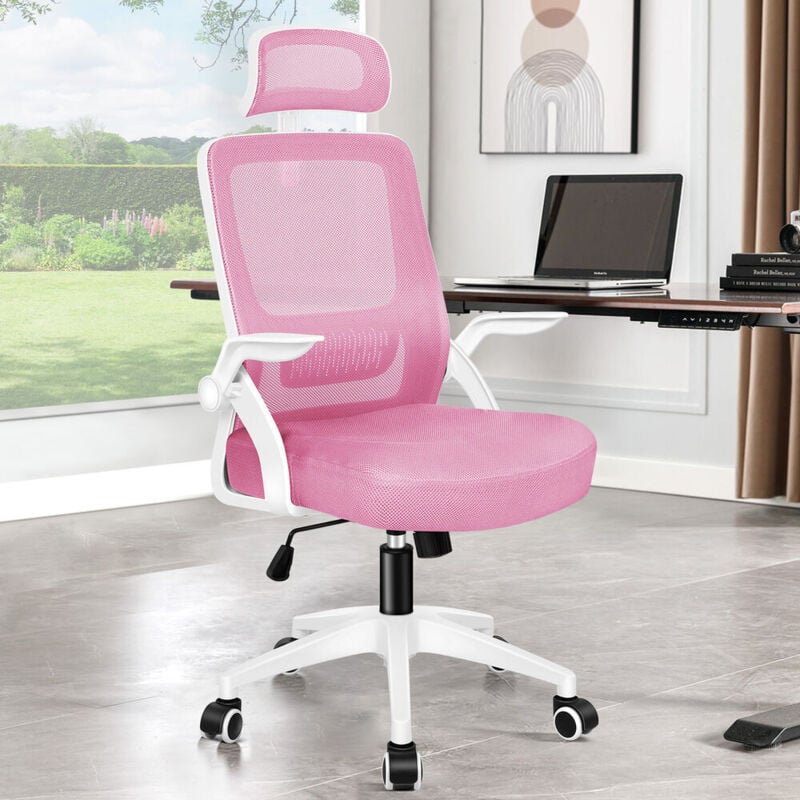Elfordson - Office Chair Ergonomic, Mesh Fabric, Arco Series, Pink and White