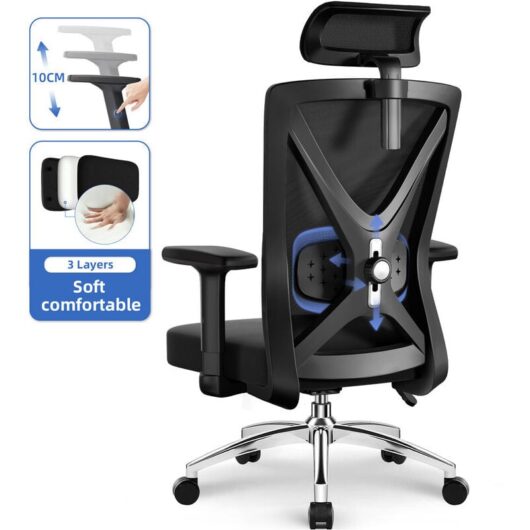 Ergonomic Office Chair with 4D Adjustable Lumbar Support, Metal Base, Headrest & Armrests - Black Home Office Chair