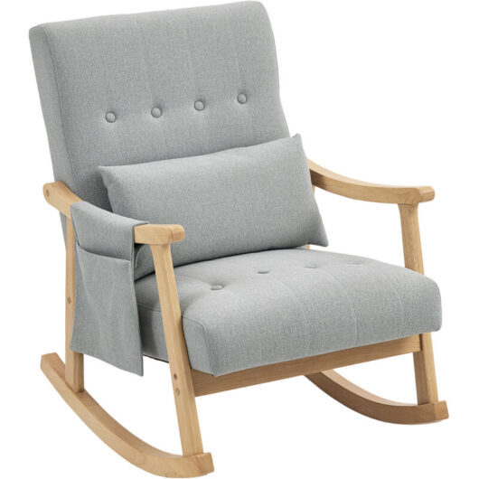 HOMCOM Modern High Back Rocking Chair with Solid Wood Legs, Light Grey