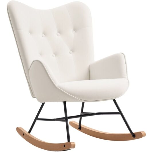 HOMCOM Upholstered Velvet Rocking Chair with Solid Wood Legs, Cream