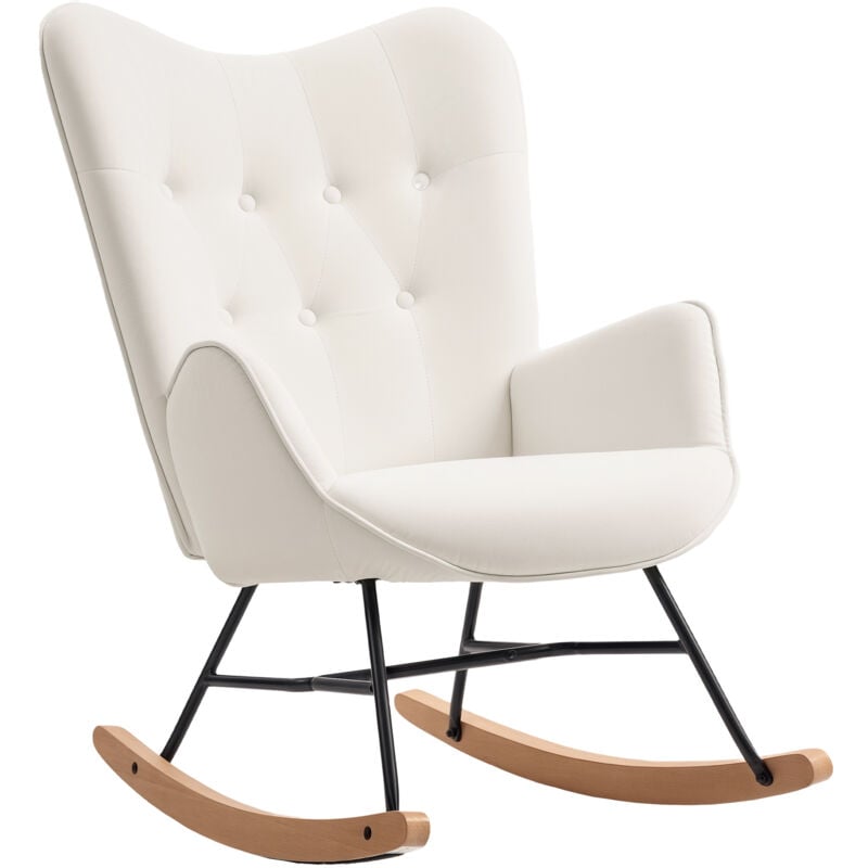 HOMCOM Upholstered Velvet Rocking Chair with Solid Wood Legs, Cream