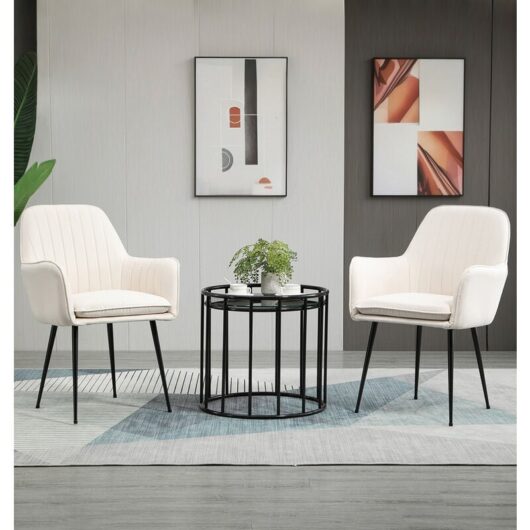 Hallowood Furniture Cullompton Dining Chairs Set of 2, Upholstered Cream Fabric Dining Chairs with Armrests and Sturdy Black Metal Legs for Home,