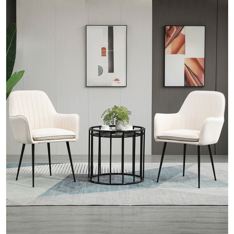 Hallowood Furniture Cullompton Dining Chairs Set of 2, Upholstered Cream Fabric Dining Chairs with Armrests and Sturdy Black Metal Legs for Home,