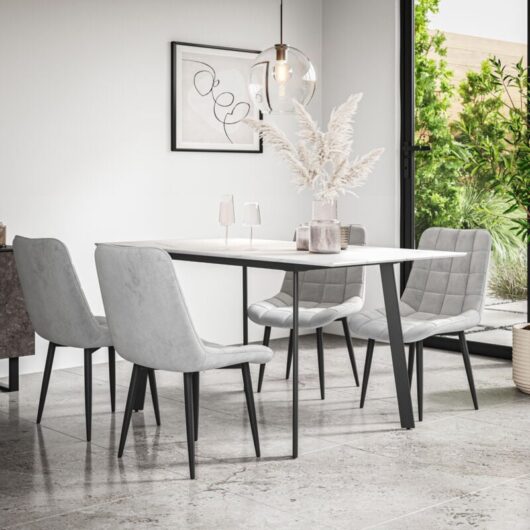 Haydon Extending Dining Table + Chairs- White Marble Effect Table Top w Black Legs + Nova Velvet Dining Chair Set Of 4 (Grey)